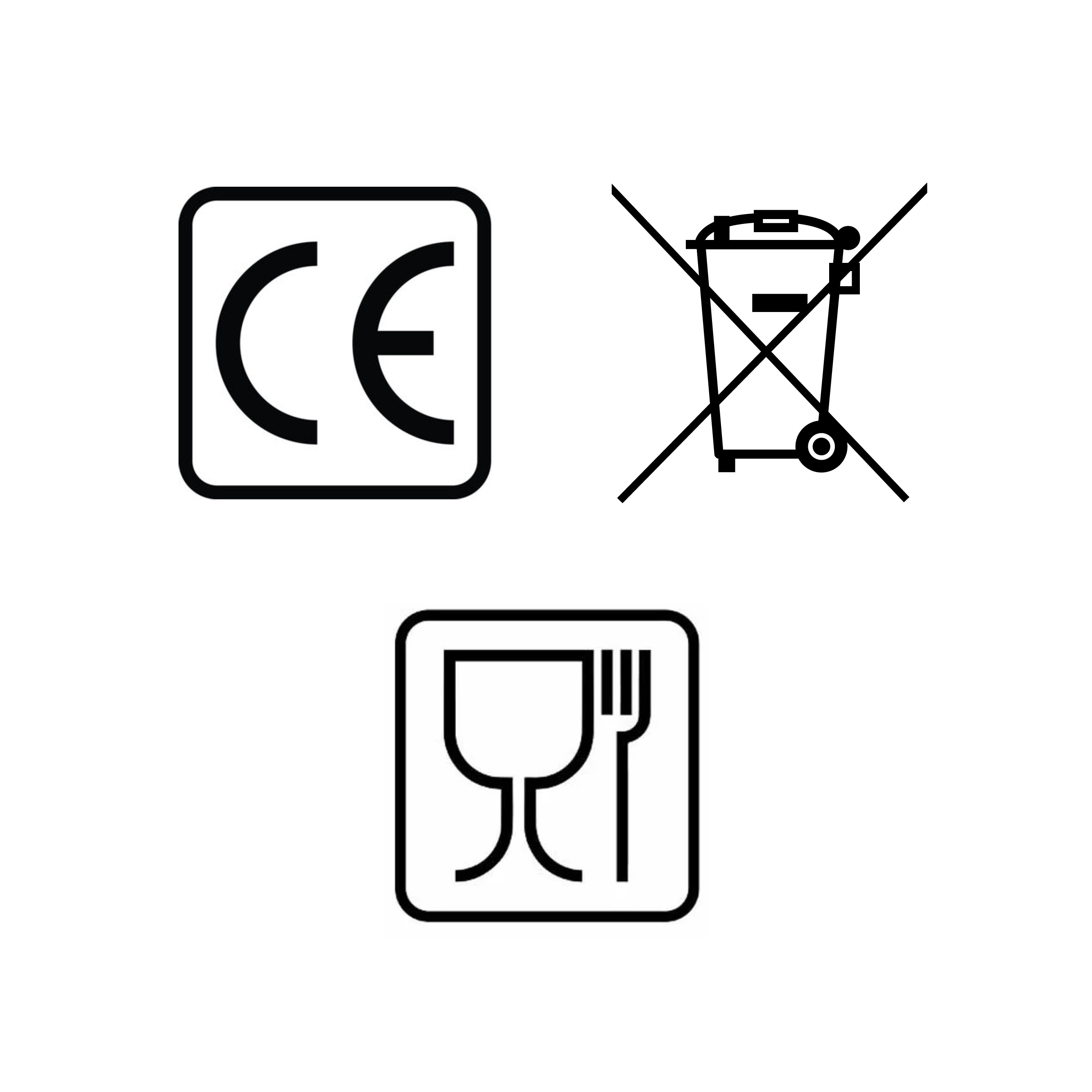 Warnsymbole CE Lebensmittelgeeignet und Entsorgung