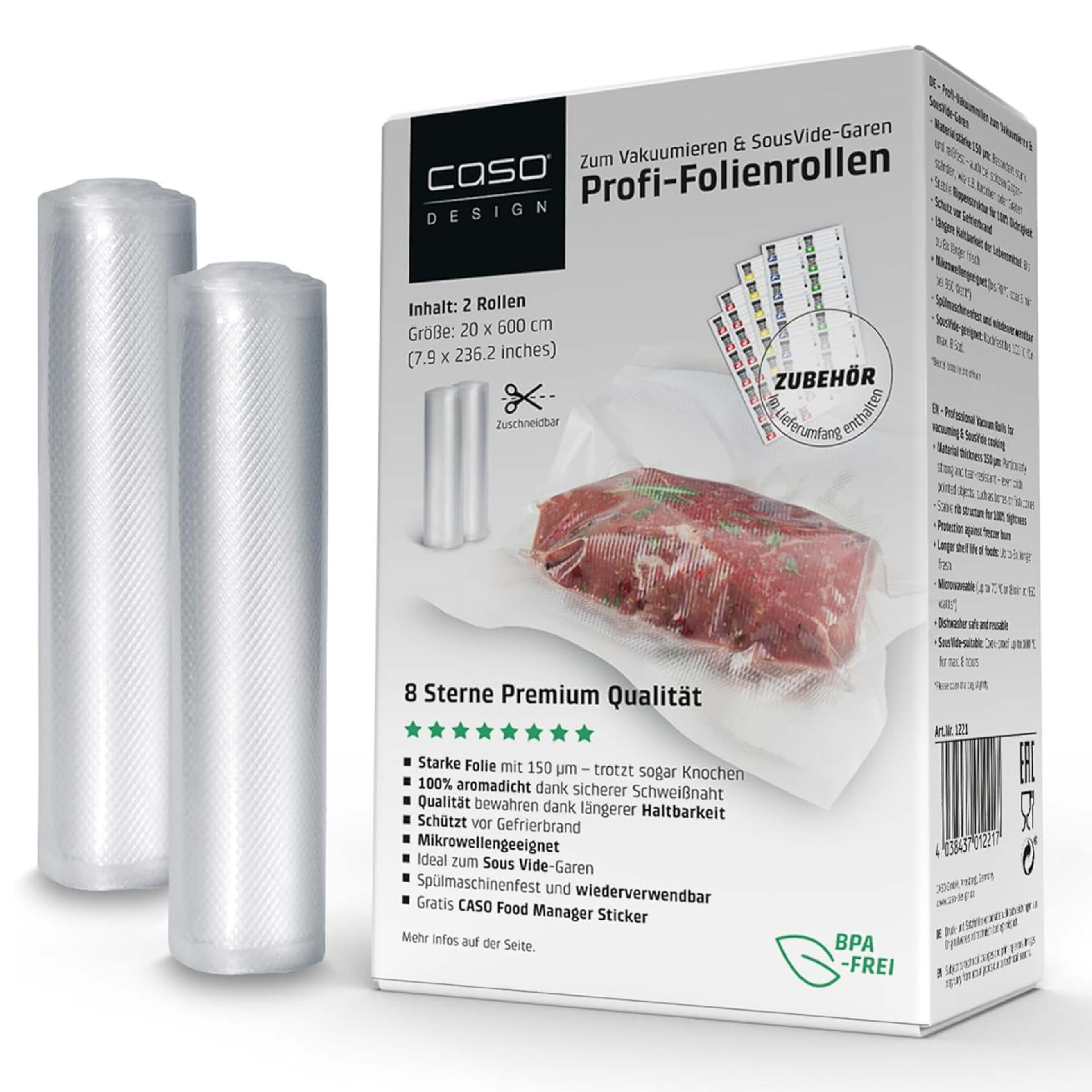 Caso Profi-Folienrollen 20x600 cm, 2 Stück, 150 μm – extra stark für Vakuumieren & Sous-Vide