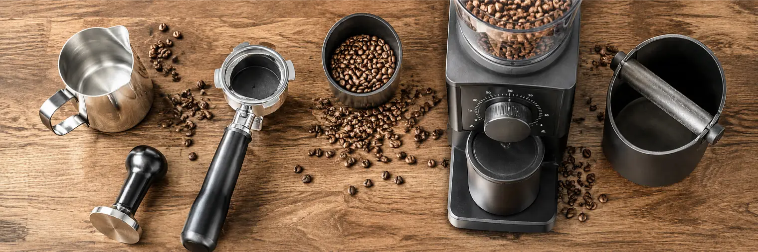 Siebträger-Zubehör auf Holzfläche: Milchkännchen, Siebträger, Tamper, Kaffeemühle mit Mahlgrad-Einstellung und Abklopfbehälter