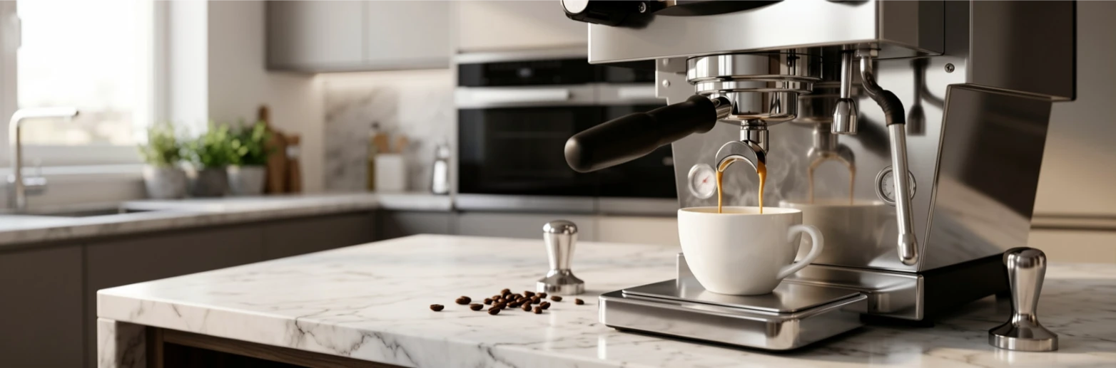 Siebträgermaschine brüht frischen Espresso in eine weiße Tasse auf einer Marmorarbeitsplatte mit Tamper und Kaffeebohnen