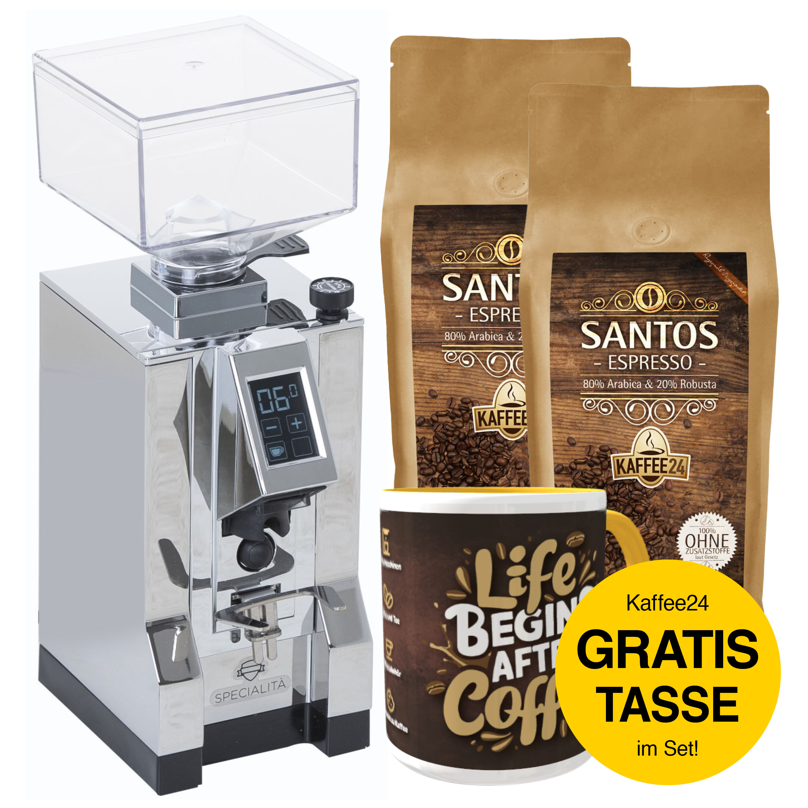 Eureka Kaffeemühle + 2x Kaffee24 SANTOS ESPRESSO + GRATIS Tasse im Set