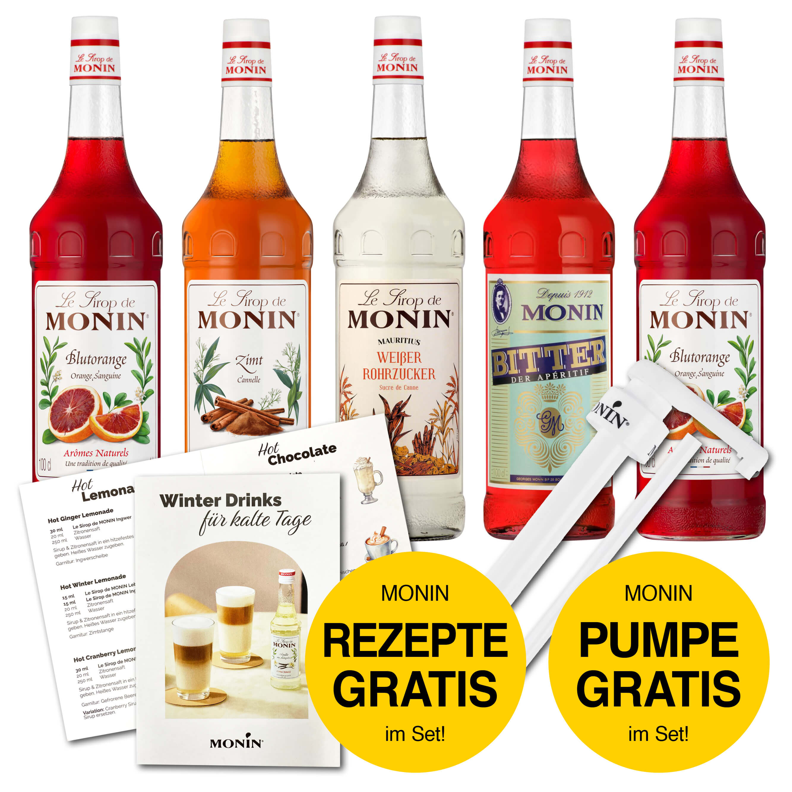 Monin Sirup Set Winter "Cocktails & Lemonades" + GRATIS Pumpe und Rezeptheft