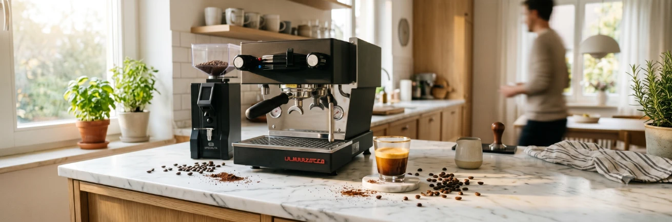 Kaffeevollautomat auf Küchenarbeitsplatte mit frisch gebrüht+em Espresso und Kaffeebohnen