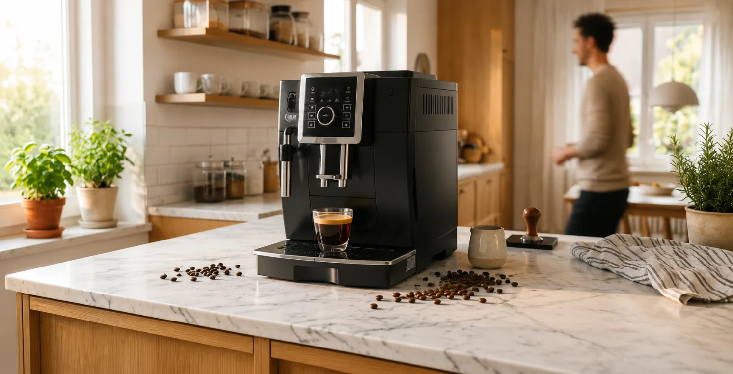 Kaffeevollautomat auf Küchenarbeitsplatte mit frisch gebrühtem Espresso und Kaffeebohnen