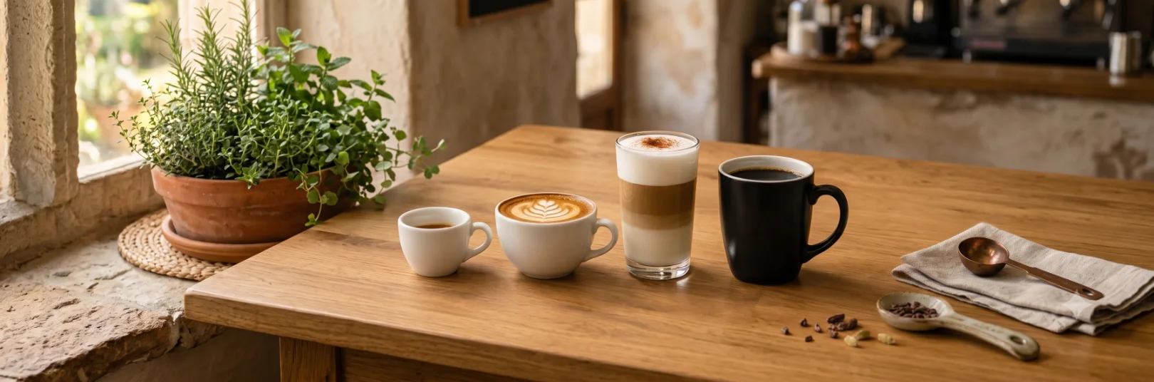 Vier Kaffeespezialitäten aus dem Vollautomaten: Espresso, Cappuccino, Latte macchiato und schwarzer Kaffee