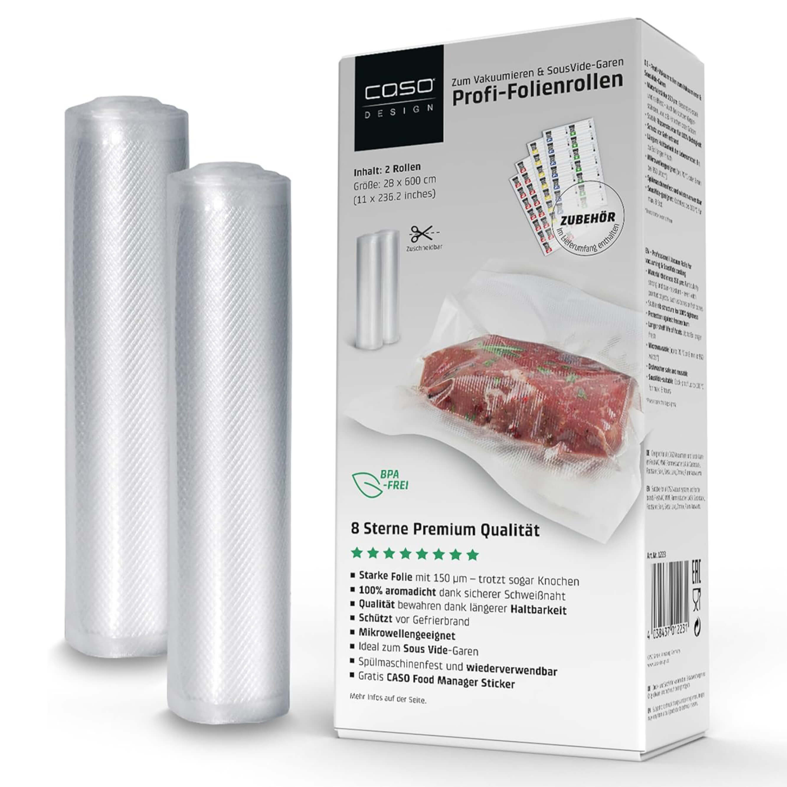 Caso Profi-Folienrollen 28x600 cm, 2 Stück, 150 μm – extra stark für Vakuumieren & Sous-Vide